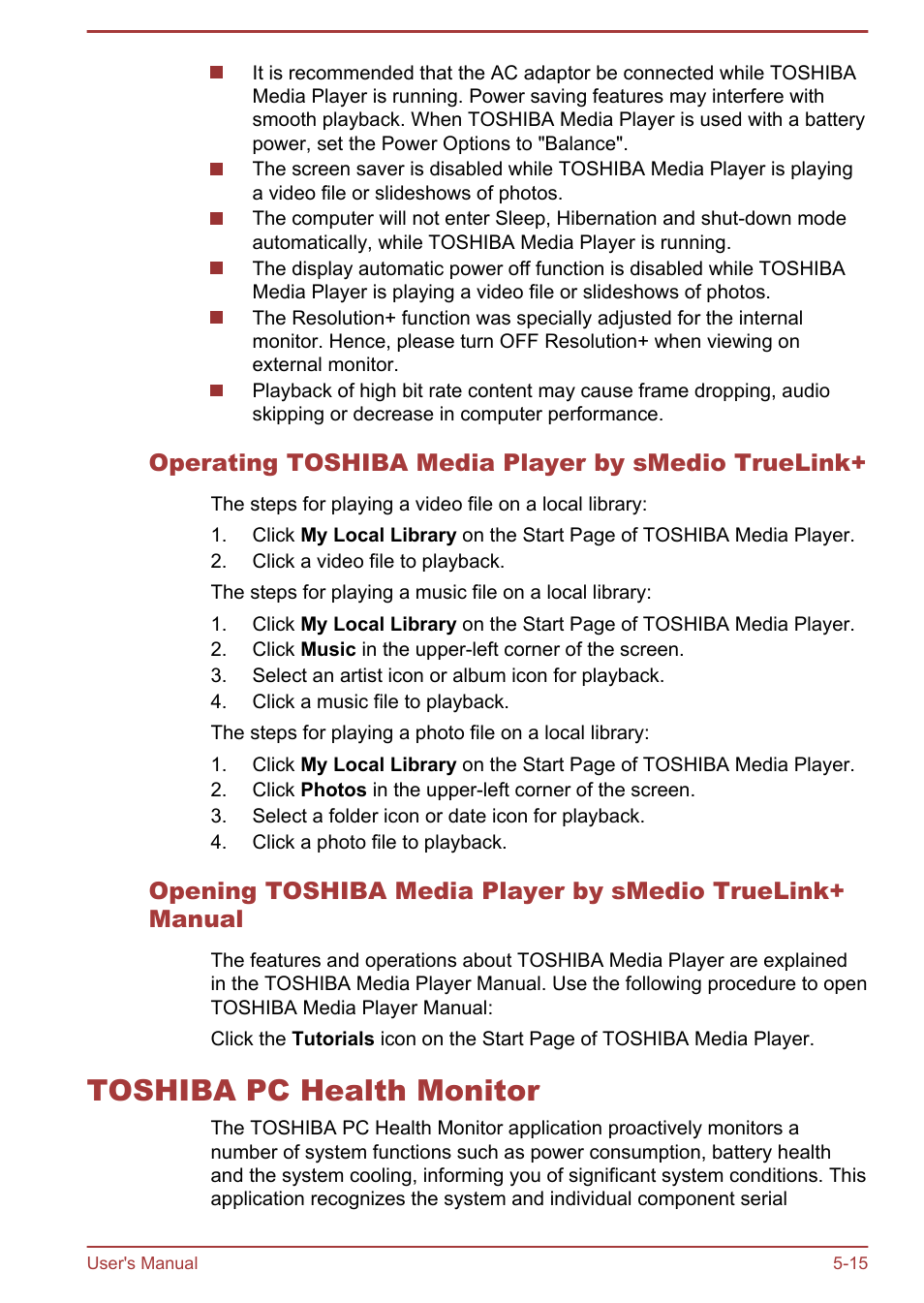 Operating toshiba media player by smedio truelink, Toshiba pc health monitor, Toshiba pc health monitor -15 | Toshiba Satellite U840W User Manual | Page 94 / 119