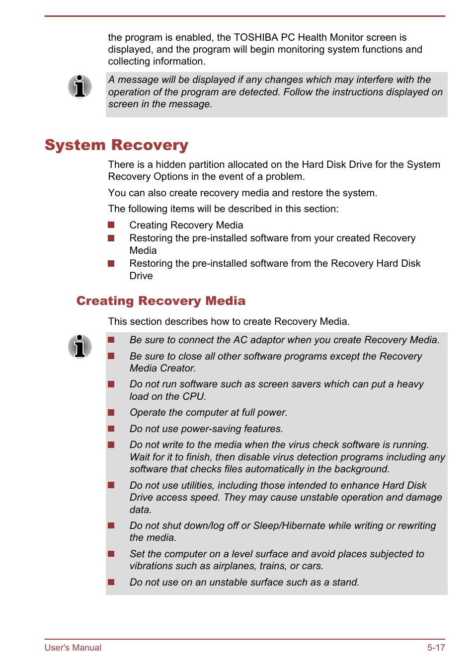 System recovery, Creating recovery media, System recovery -17 | Toshiba Satellite U840W User Manual | Page 96 / 119