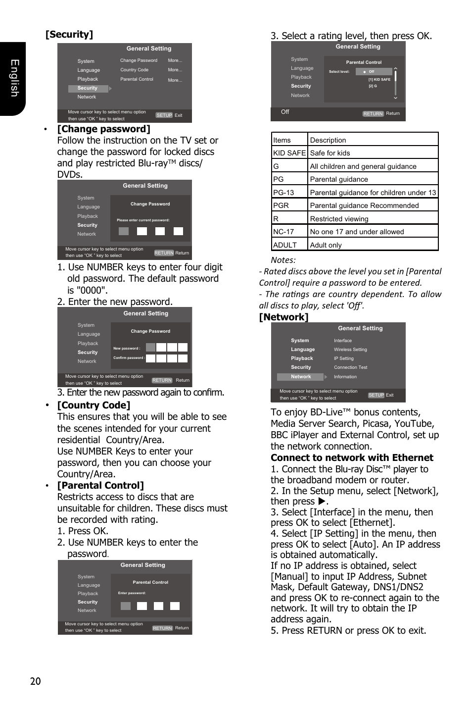 20 english, Security, Discs/ dvds | Enter the new password again to confirm, Select a rating level, then press ok | Toshiba BDX5300 User Manual | Page 20 / 49