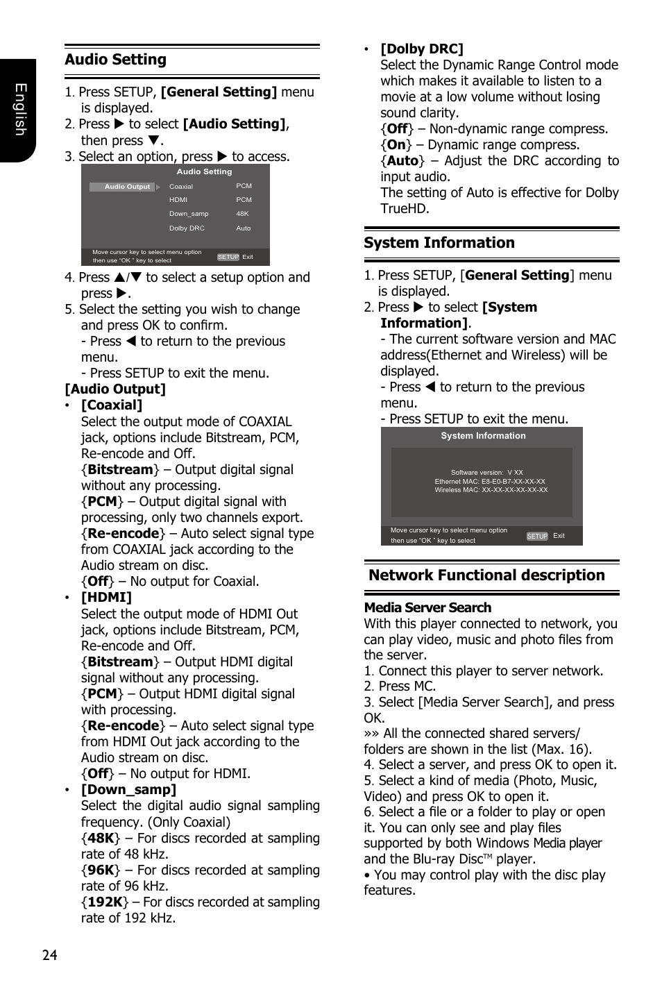 24 english audio setting, System information, Network functional description | Toshiba BDX5300 User Manual | Page 24 / 49