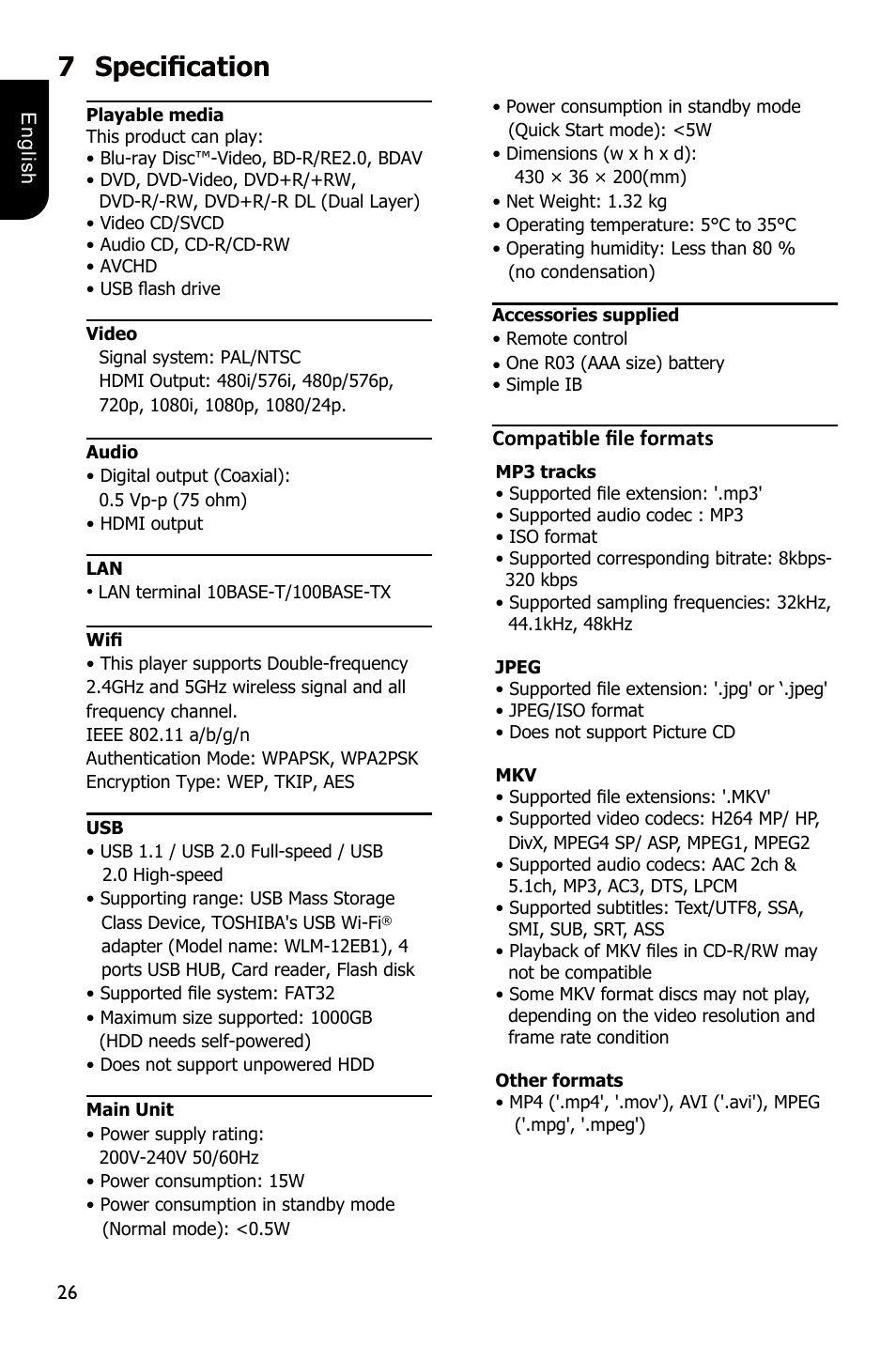 7specification, Compatible file formats | Toshiba BDX5300 User Manual | Page 26 / 49