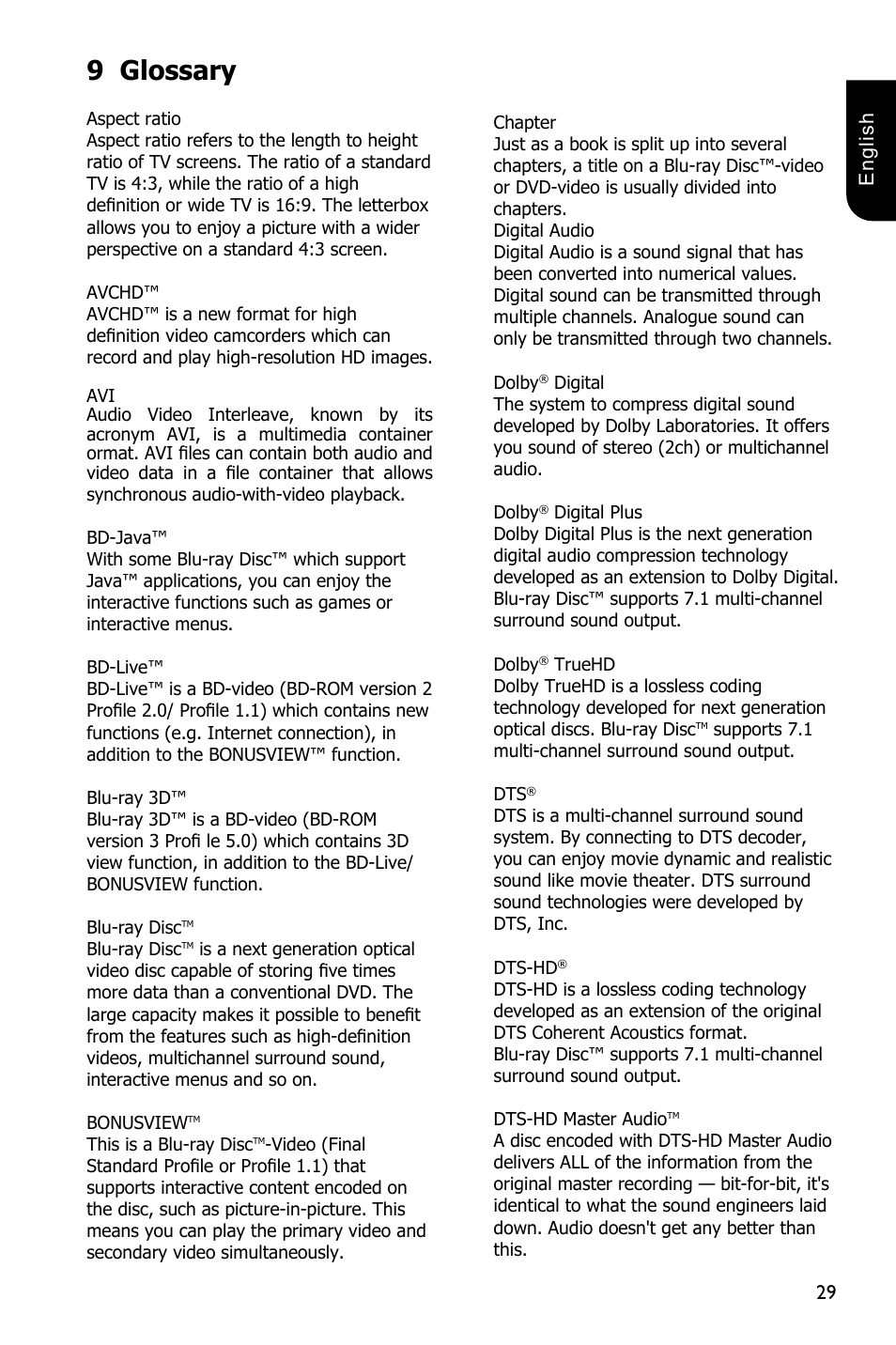 9 glossary | Toshiba BDX5300 User Manual | Page 29 / 49