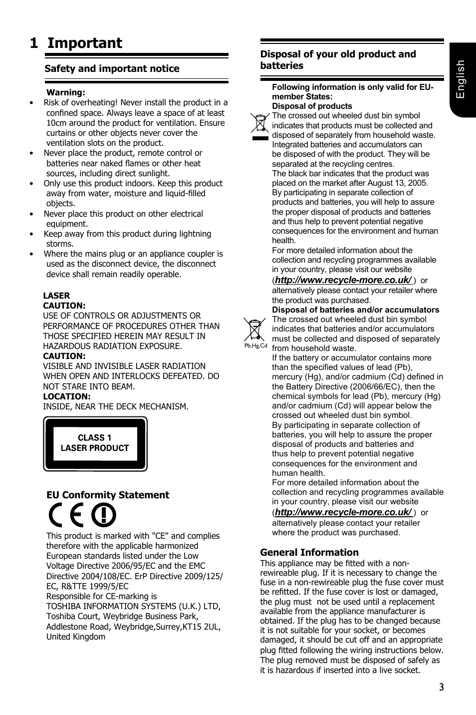 1important, 3english | Toshiba BDX5300 User Manual | Page 3 / 49