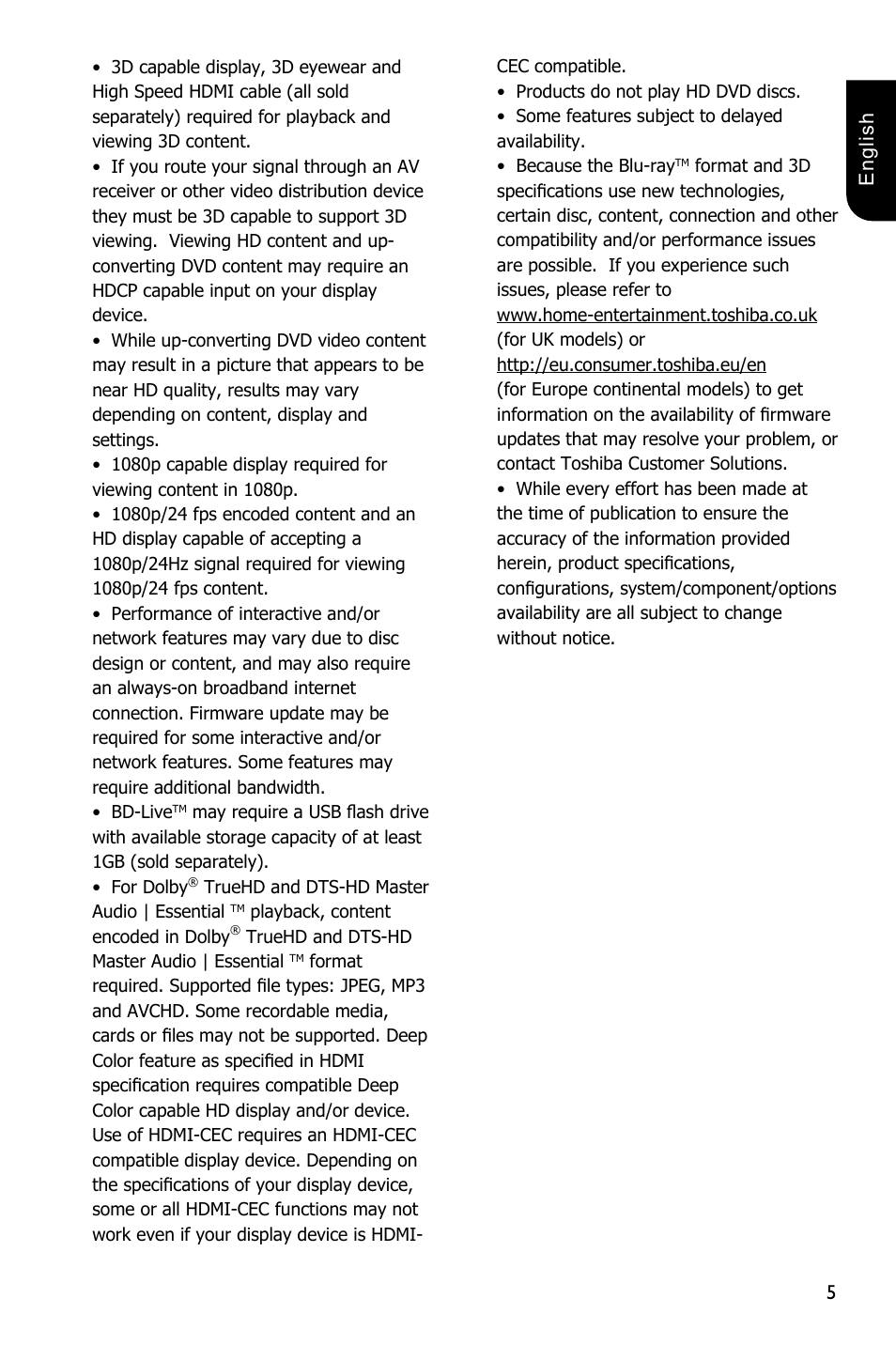 5english | Toshiba BDX5300 User Manual | Page 5 / 49
