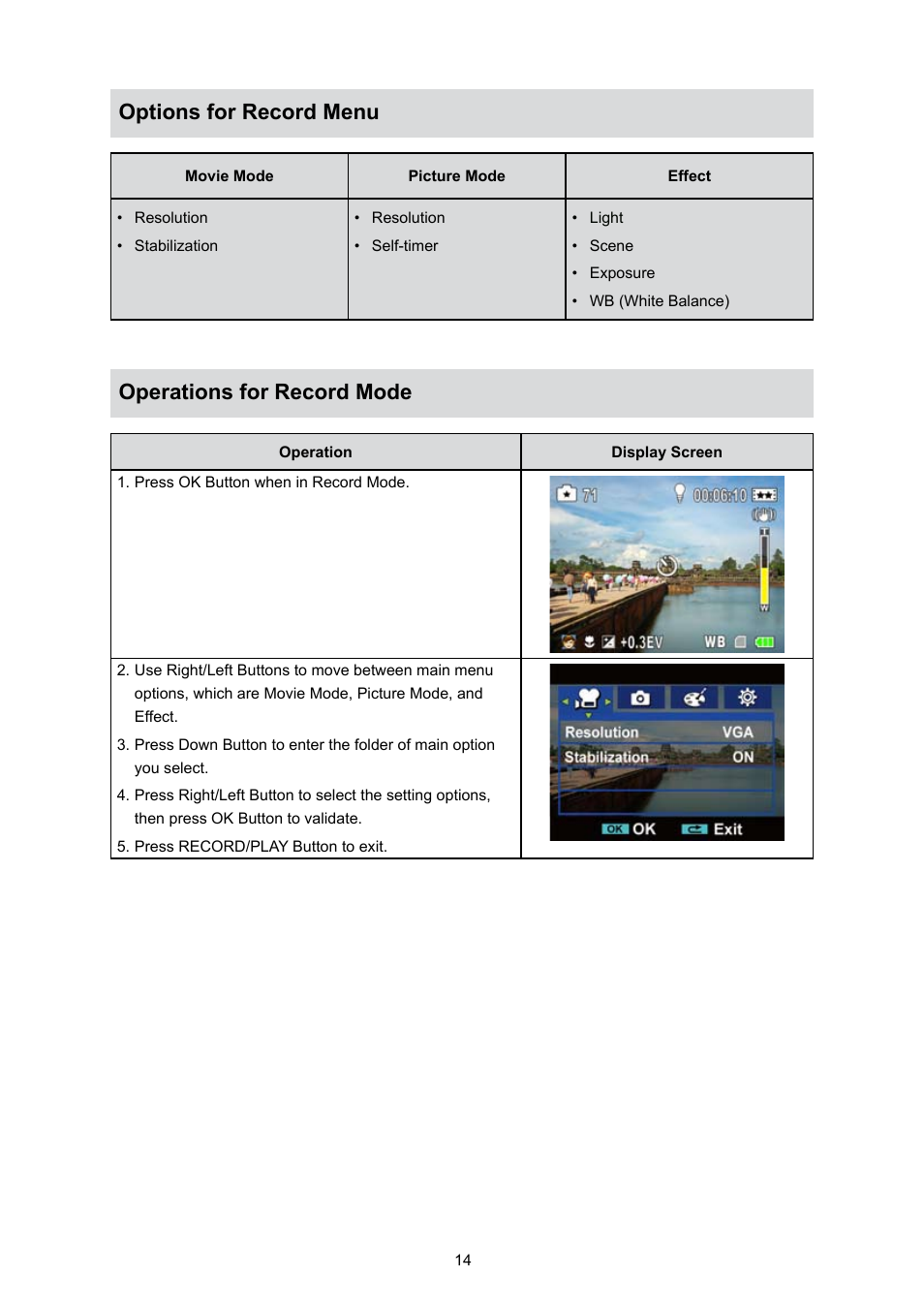 Options for record menu, Operations for record mode, Options for record menu operations for record mode | Toshiba Camileo S10 User Manual | Page 16 / 47
