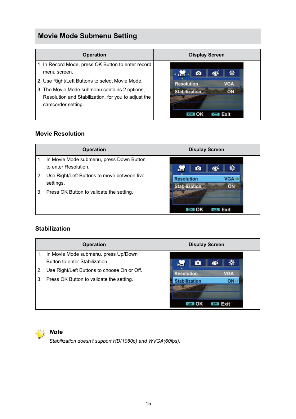 Movie mode submenu setting | Toshiba Camileo S10 User Manual | Page 17 / 47