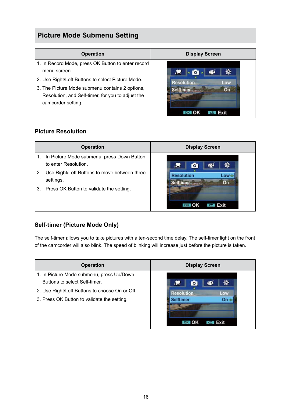 Picture mode submenu setting | Toshiba Camileo S10 User Manual | Page 18 / 47