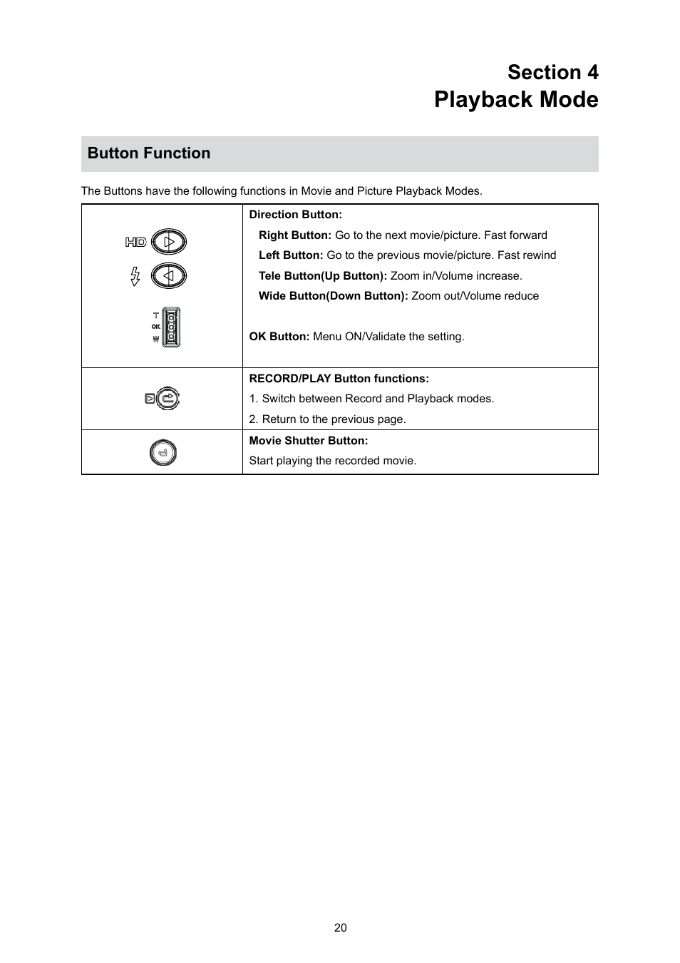 Section 4 playback mode, Button function, Playback mode | Toshiba Camileo S10 User Manual | Page 22 / 47