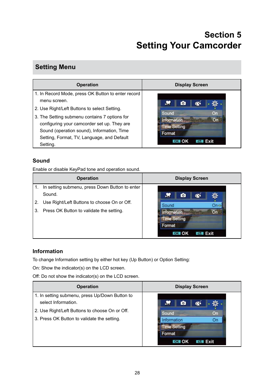 Section 5 setting your camcorder, Setting menu, Setting your camcorder | Toshiba Camileo S10 User Manual | Page 30 / 47
