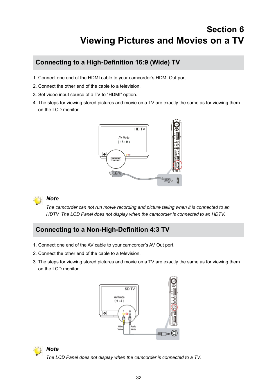 Section 6 viewing pictures and movies on a tv, Connecting to a high-definition 16:9 (wide) tv, Connecting to a non-high-definition 4:3 tv | Viewing pictures and movies on a tv | Toshiba Camileo S10 User Manual | Page 34 / 47