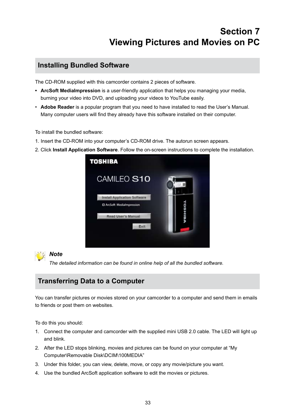 Section 7 viewing pictures and movies on pc, Installing bundled software, Transferring data to a computer | Toshiba Camileo S10 User Manual | Page 35 / 47