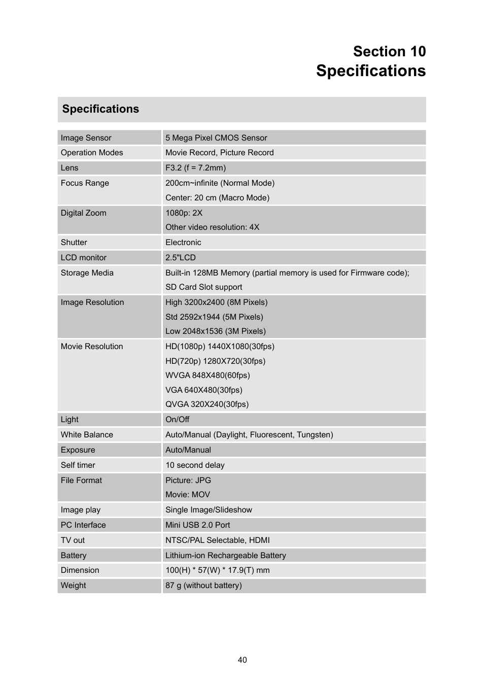 Section 10 specifications, Specifications | Toshiba Camileo S10 User Manual | Page 42 / 47