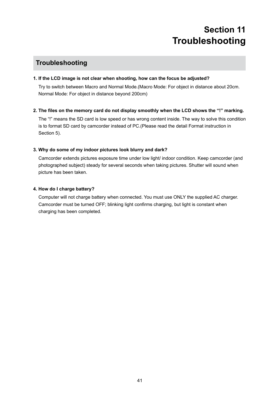 Section 11 troubleshooting, Troubleshooting | Toshiba Camileo S10 User Manual | Page 43 / 47