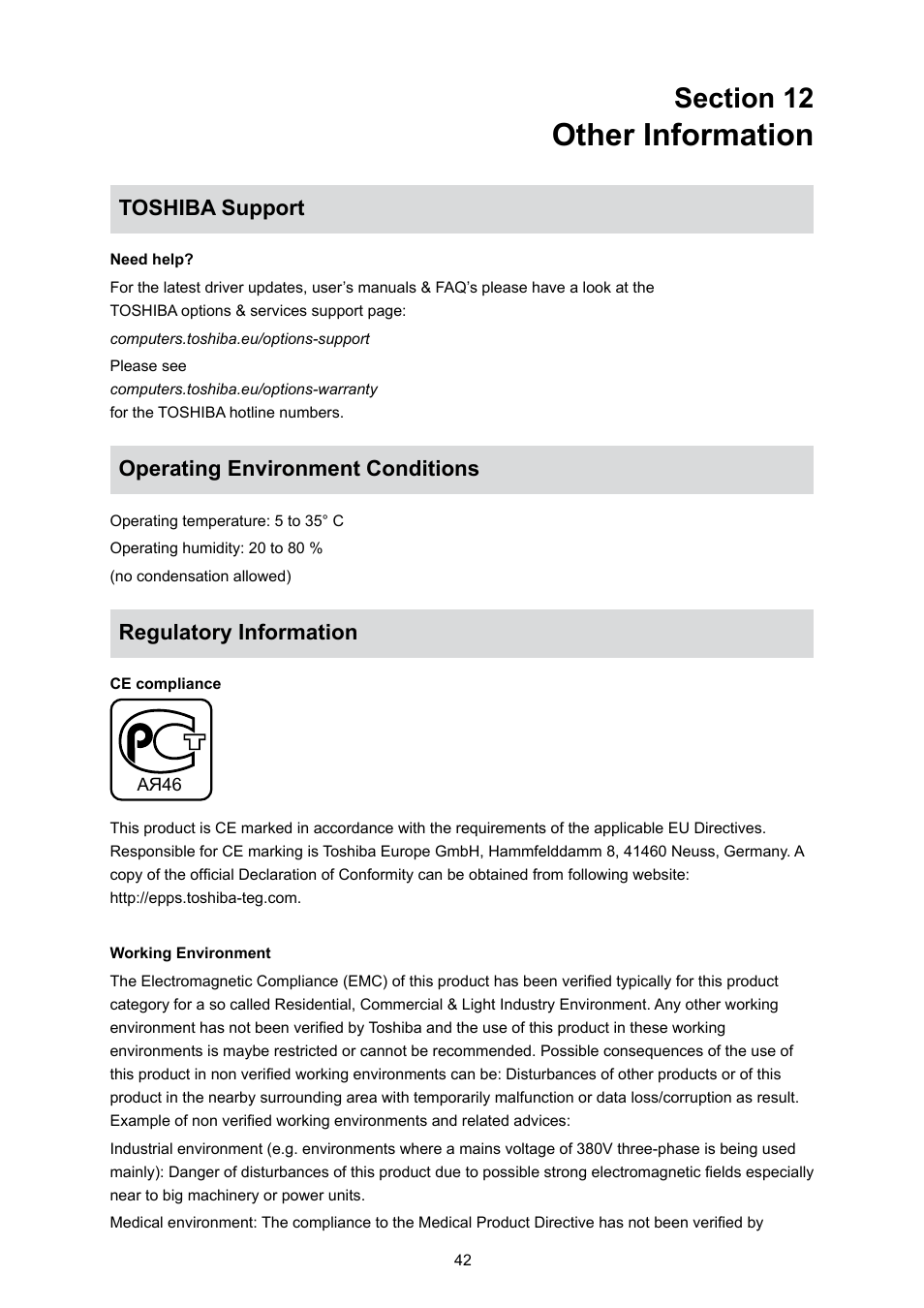 Section 12 other information, Toshiba support, Operating environment conditions | Regulatory information, Other information | Toshiba Camileo S10 User Manual | Page 44 / 47