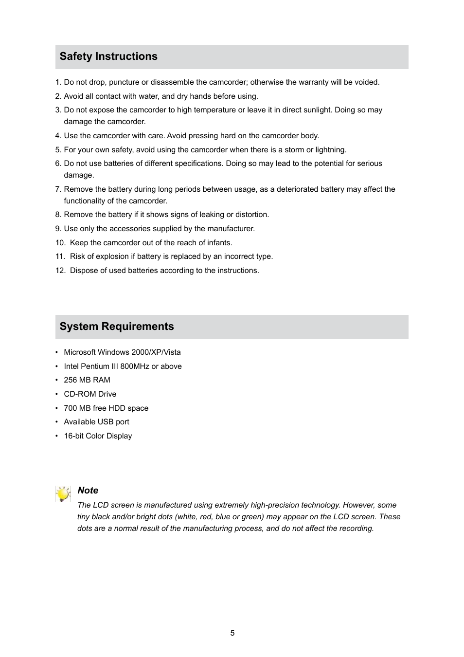 Safety instructions, System requirements, Safety instructions system requirements | Toshiba Camileo S10 User Manual | Page 7 / 47