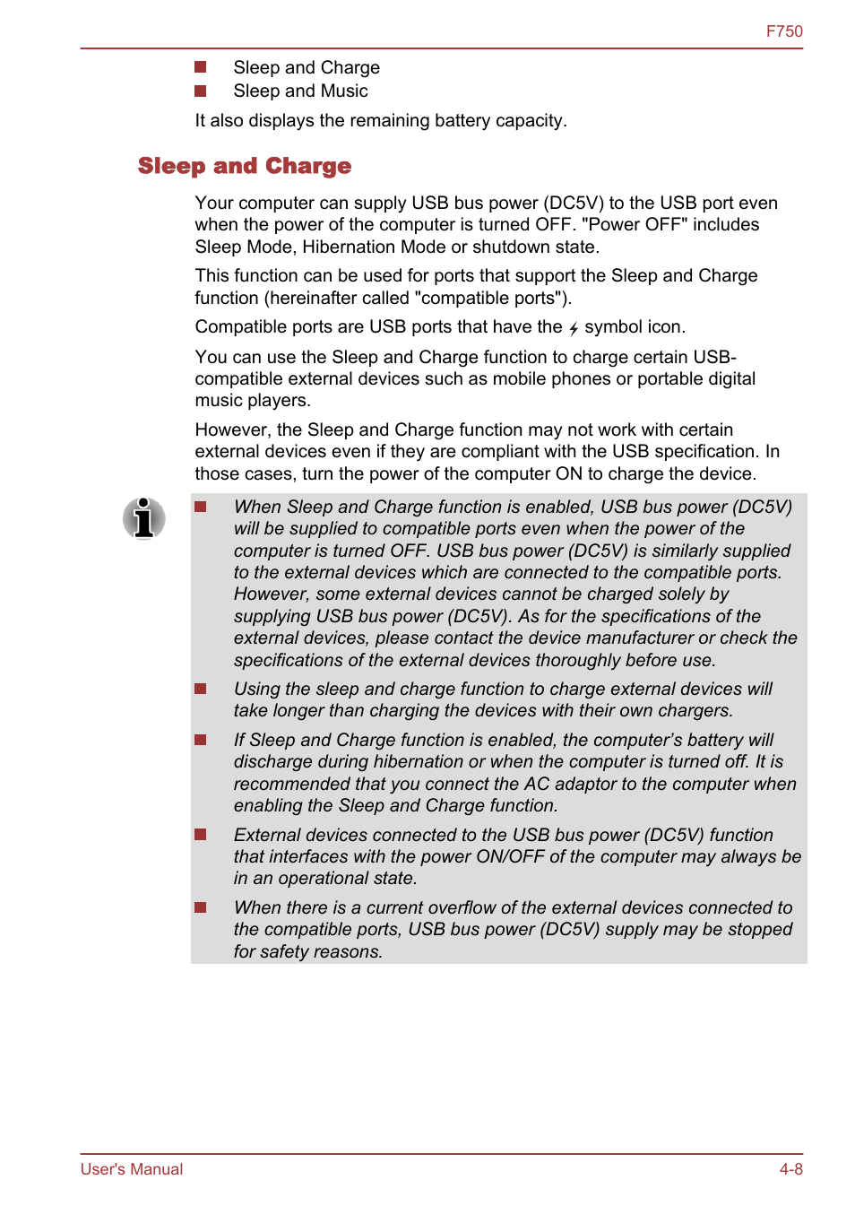 Sleep and charge | Toshiba Qosmio F750 User Manual | Page 100 / 171