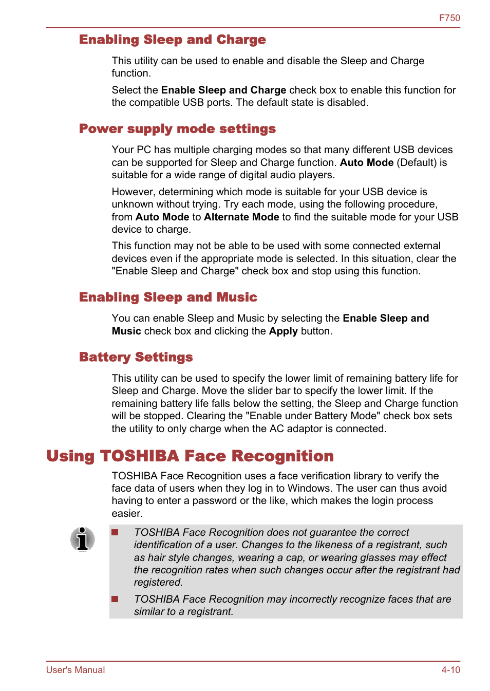 Enabling sleep and charge, Power supply mode settings, Enabling sleep and music | Battery settings, Using toshiba face recognition, Using toshiba face recognition -10, For more information, please refer to the, Using, The toshiba face recognition, Section | Toshiba Qosmio F750 User Manual | Page 102 / 171