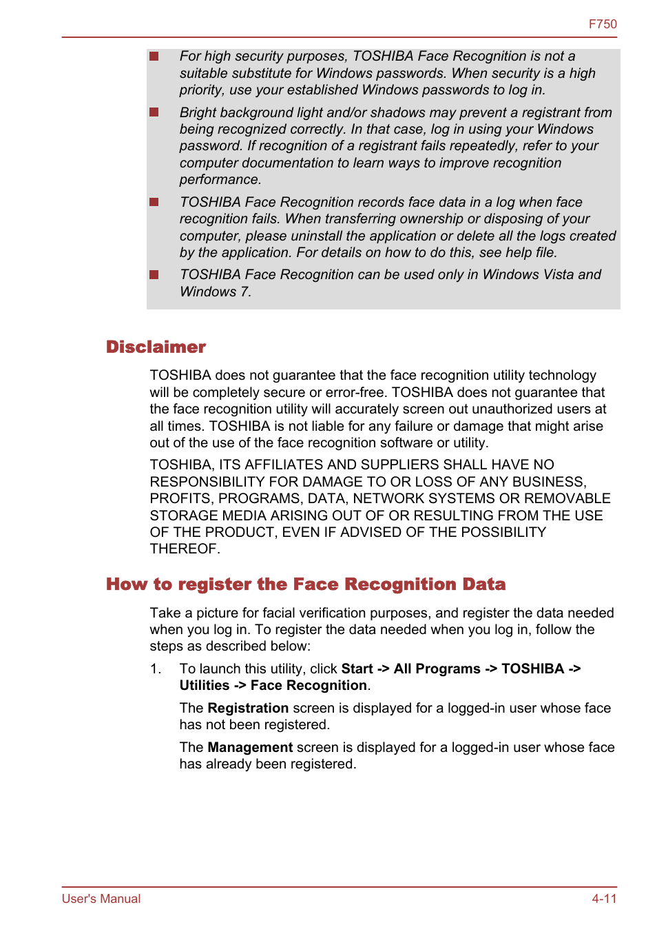 Disclaimer, How to register the face recognition data | Toshiba Qosmio F750 User Manual | Page 103 / 171