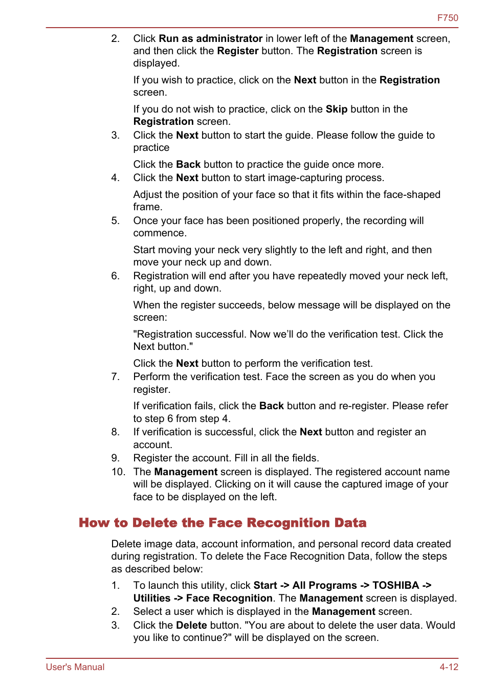 How to delete the face recognition data | Toshiba Qosmio F750 User Manual | Page 104 / 171