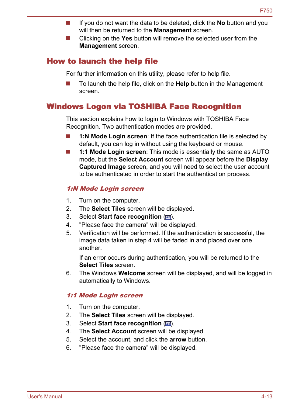 How to launch the help file, Windows logon via toshiba face recognition | Toshiba Qosmio F750 User Manual | Page 105 / 171