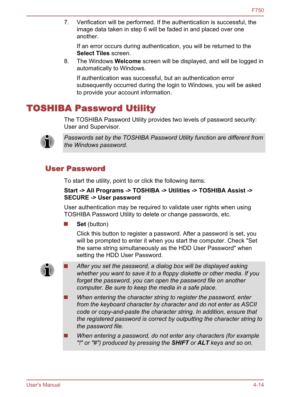 Toshiba password utility, User password, Toshiba password utility -14 | Toshiba Qosmio F750 User Manual | Page 106 / 171