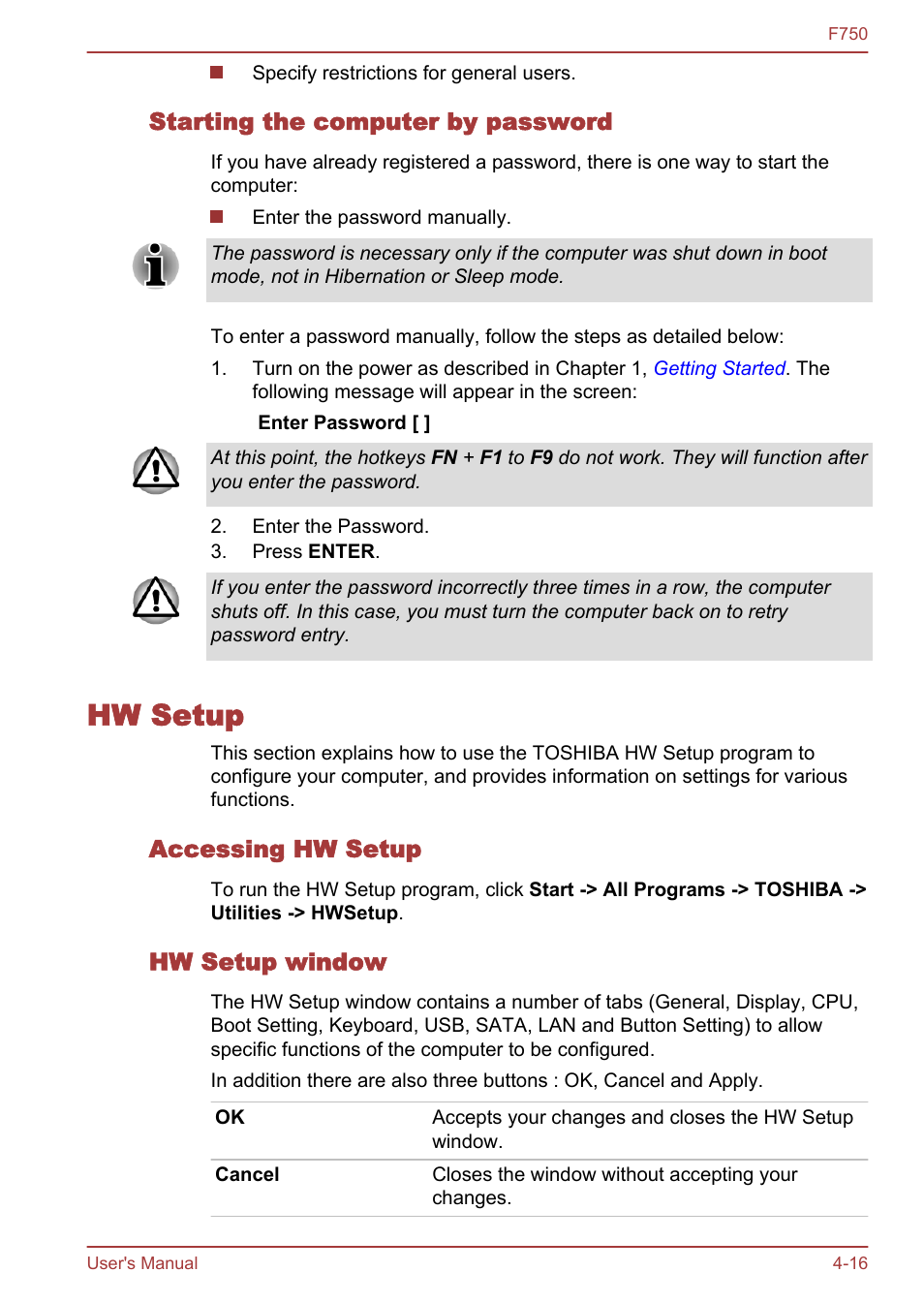 Starting the computer by password, Hw setup, Accessing hw setup | Hw setup window, Hw setup -16 | Toshiba Qosmio F750 User Manual | Page 108 / 171