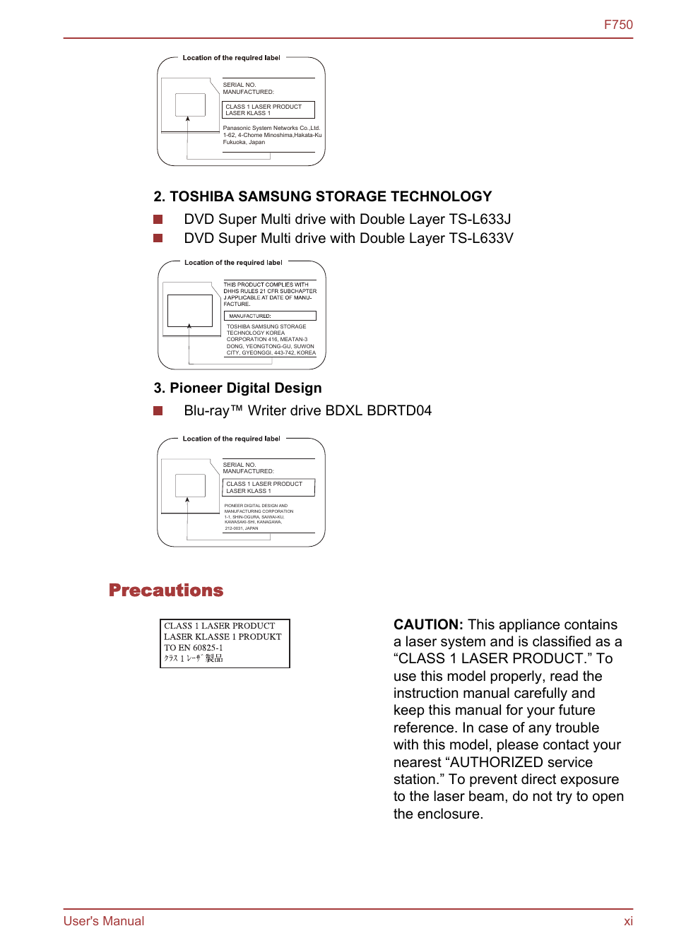 Precautions, F750 user's manual xi | Toshiba Qosmio F750 User Manual | Page 11 / 171