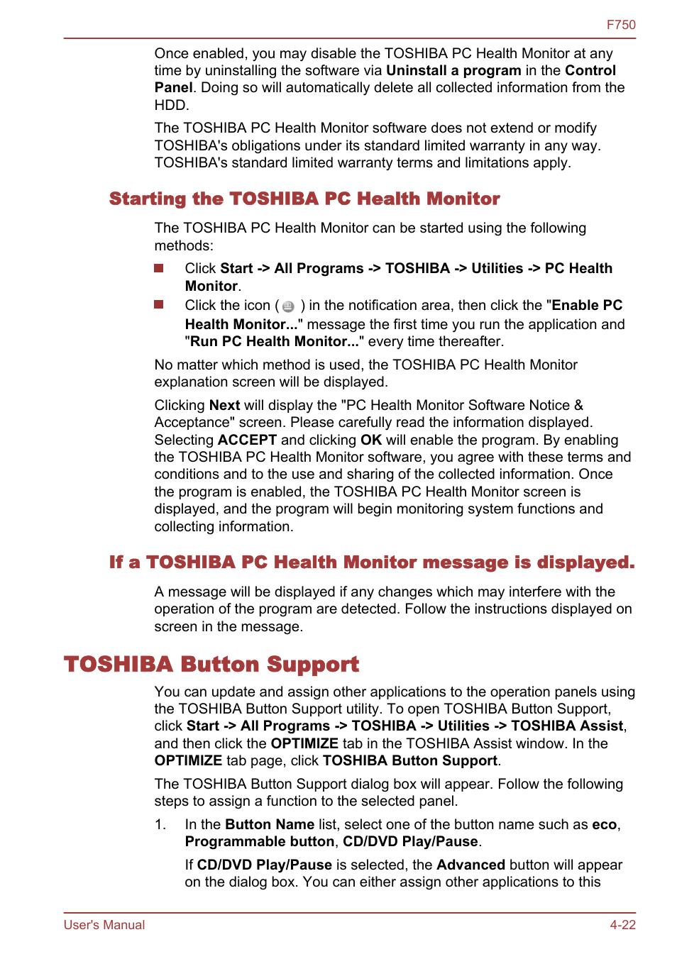 Starting the toshiba pc health monitor, Toshiba button support, Toshiba button support -22 | Toshiba Qosmio F750 User Manual | Page 114 / 171