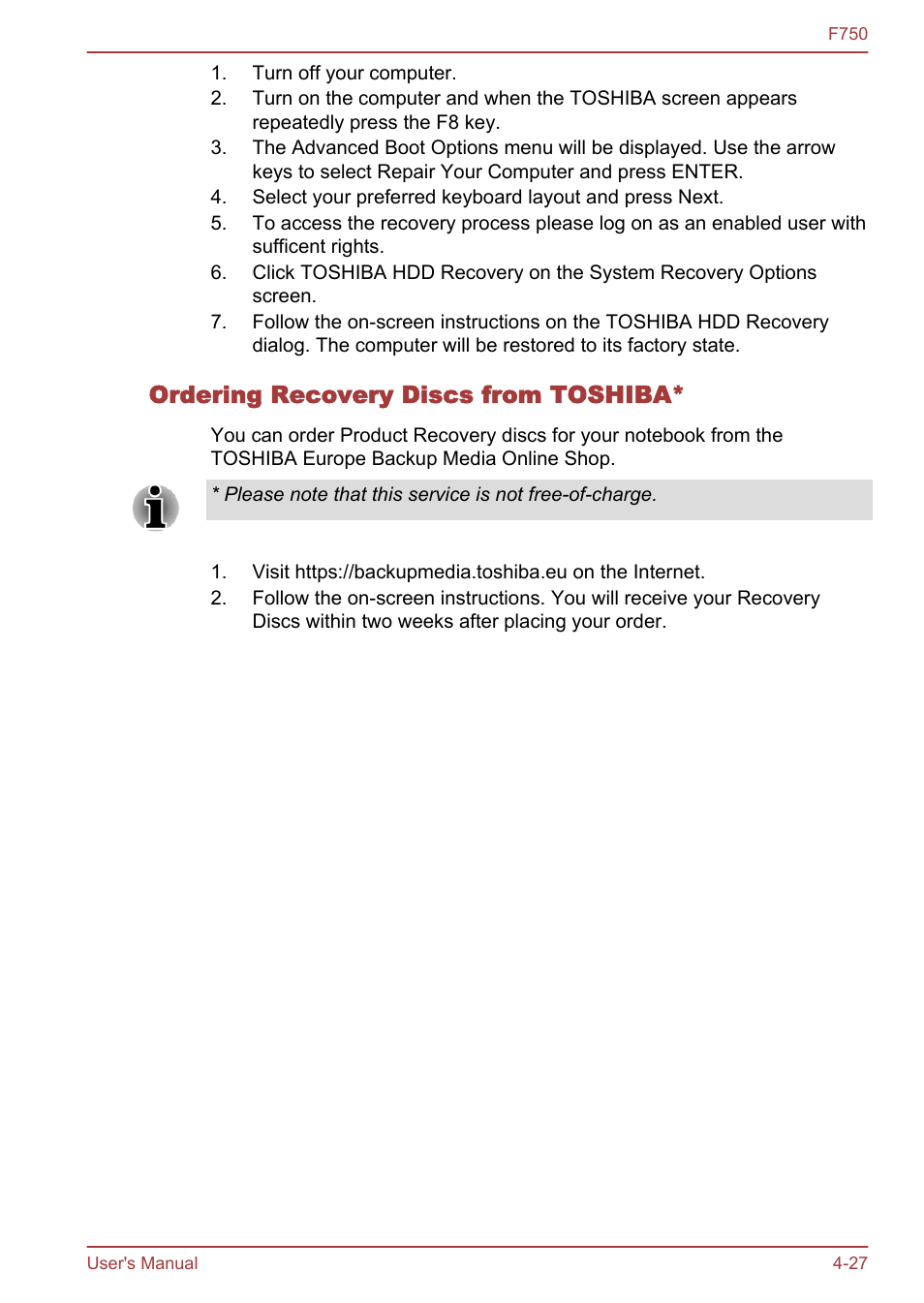 Ordering recovery discs from toshiba | Toshiba Qosmio F750 User Manual | Page 119 / 171