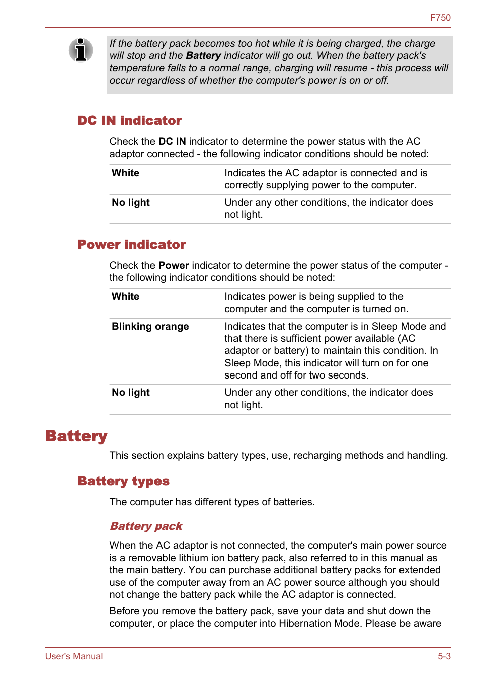 Dc in indicator, Power indicator, Battery | Battery types, Battery -3 | Toshiba Qosmio F750 User Manual | Page 122 / 171