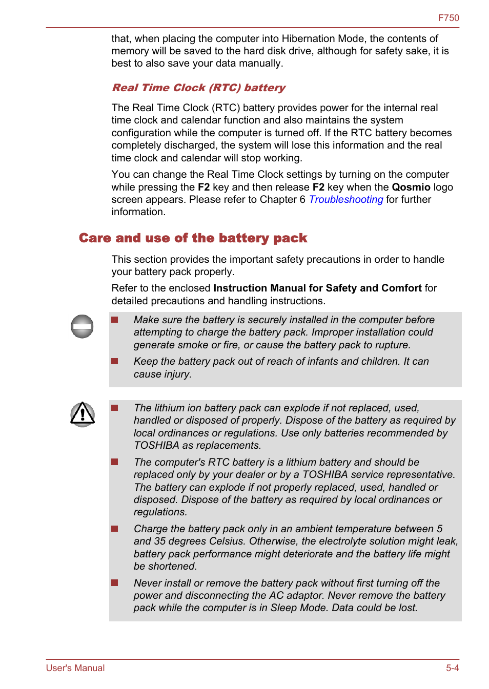 Care and use of the battery pack | Toshiba Qosmio F750 User Manual | Page 123 / 171