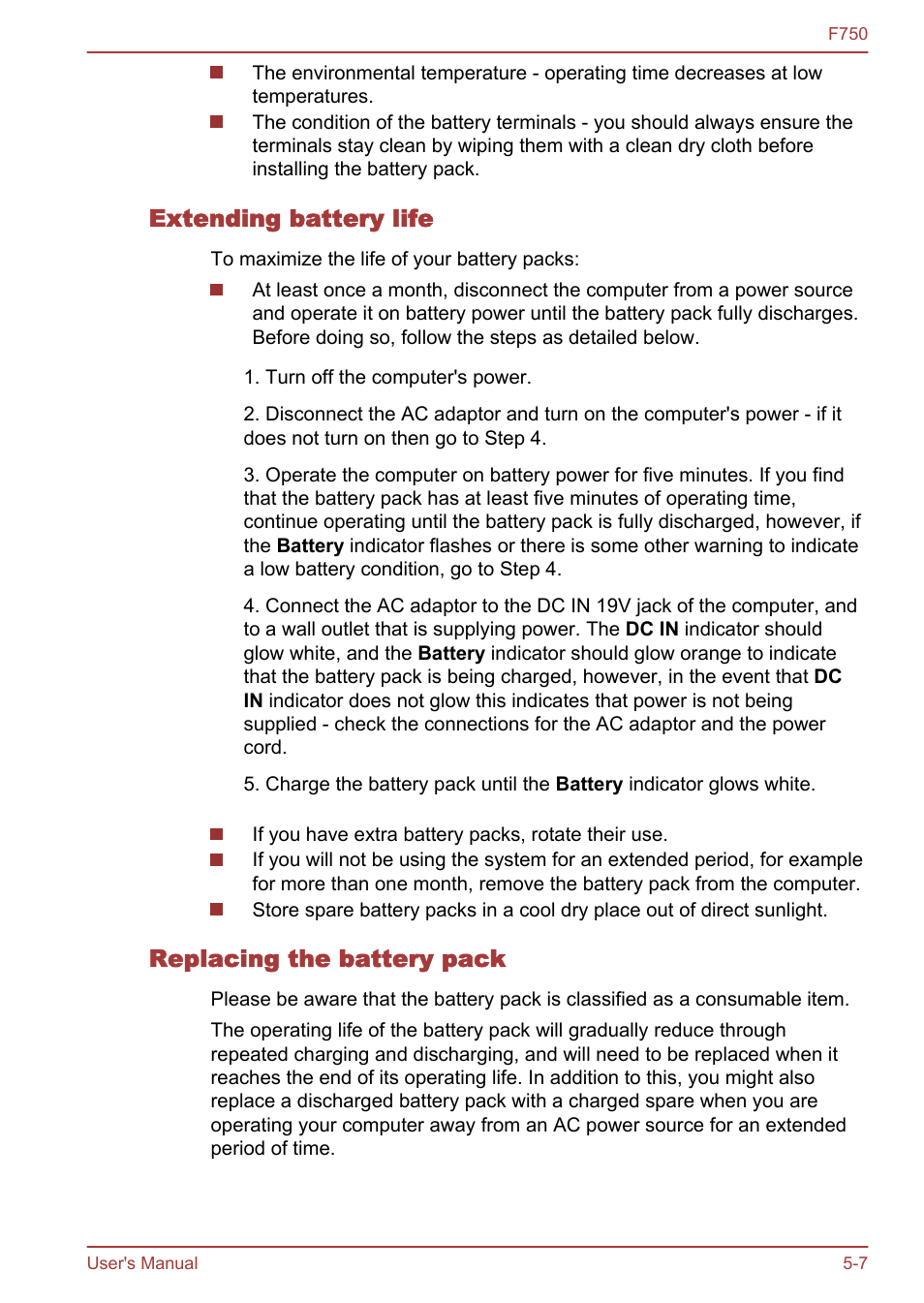 Extending battery life, Replacing the battery pack, Section in | Toshiba Qosmio F750 User Manual | Page 126 / 171