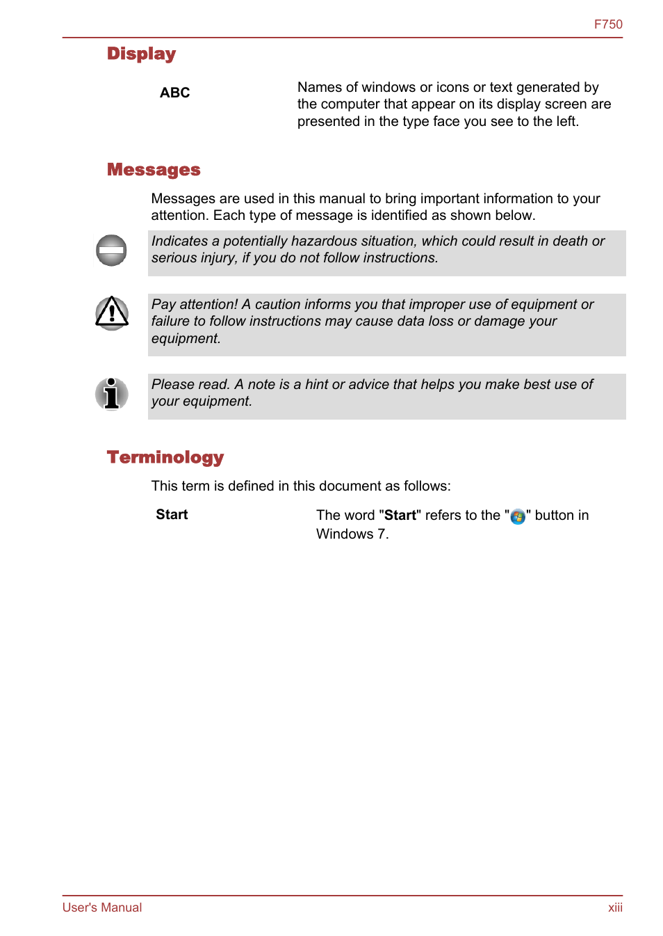 Display, Messages, Terminology | Toshiba Qosmio F750 User Manual | Page 13 / 171