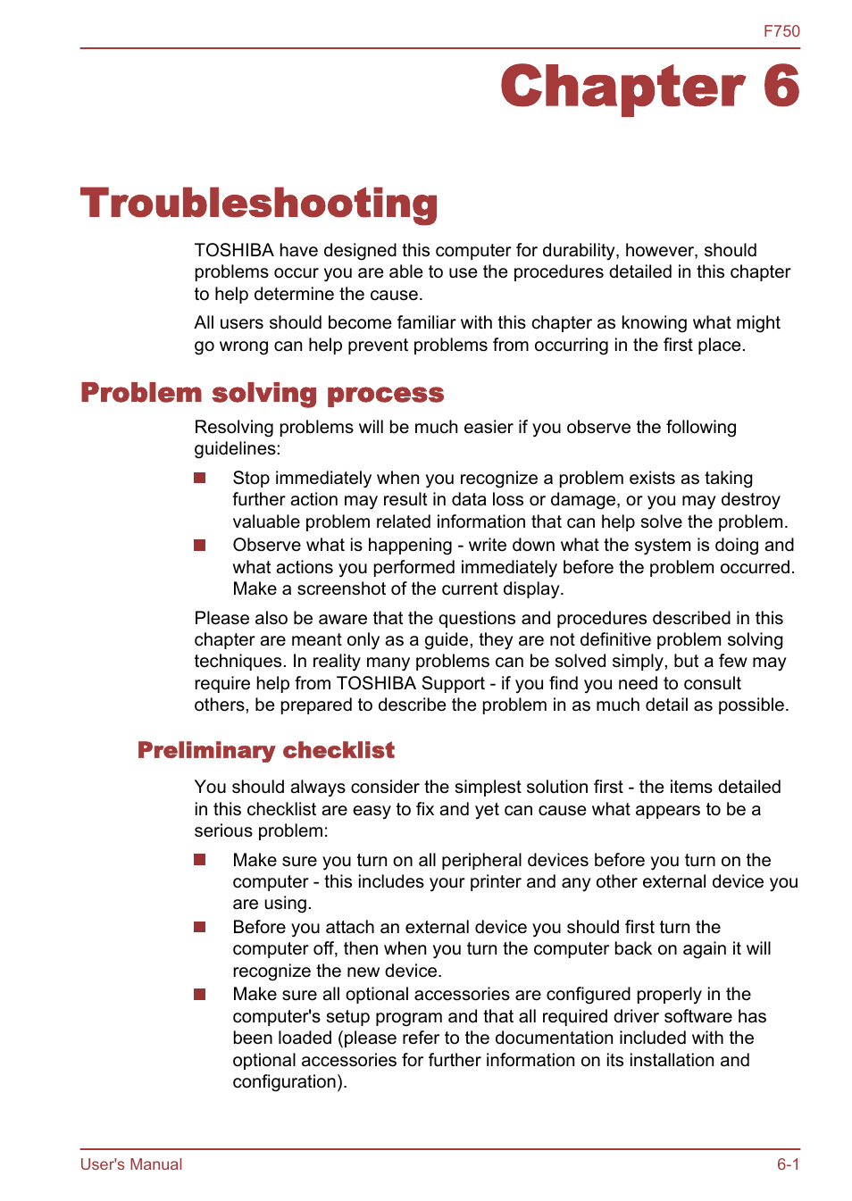 Chapter 6 troubleshooting, Problem solving process, Preliminary checklist | Chapter 6, Troubleshooting, Problem solving process -1 | Toshiba Qosmio F750 User Manual | Page 130 / 171