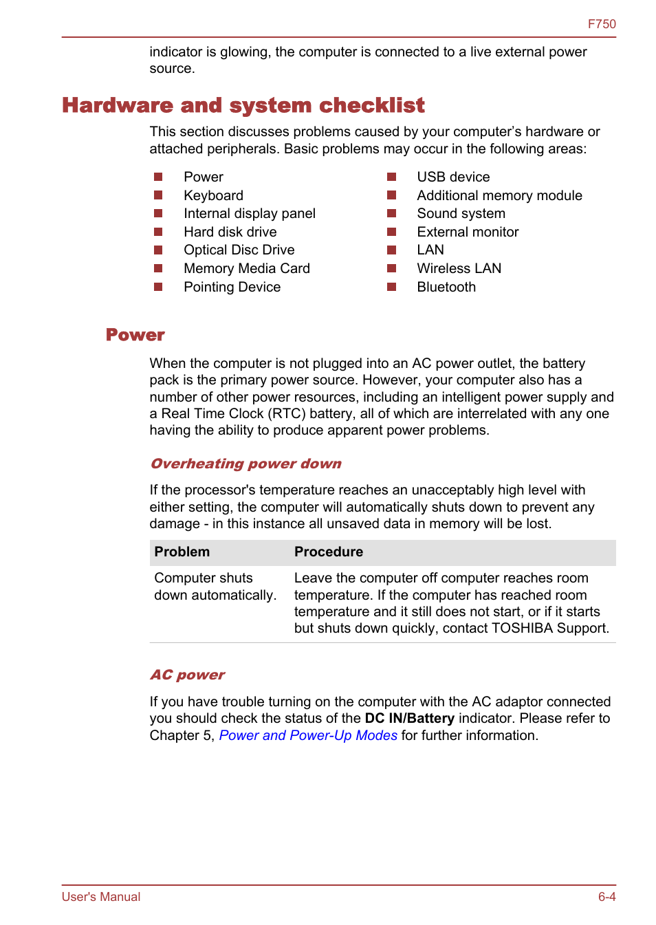 Hardware and system checklist, Power, Hardware and system checklist -4 | Toshiba Qosmio F750 User Manual | Page 133 / 171
