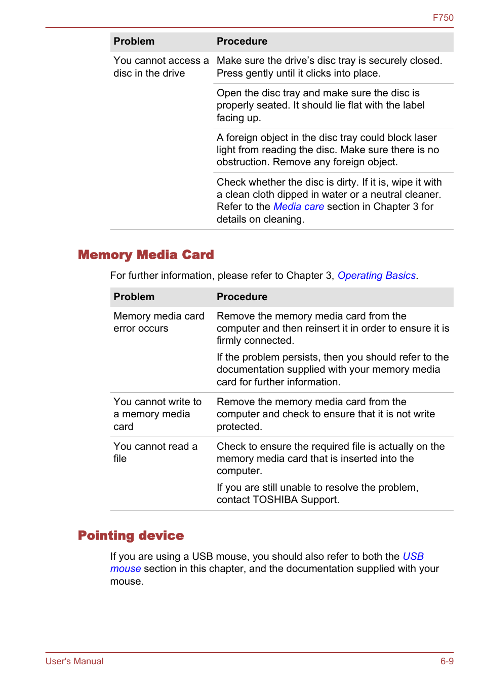 Memory media card, Pointing device | Toshiba Qosmio F750 User Manual | Page 138 / 171