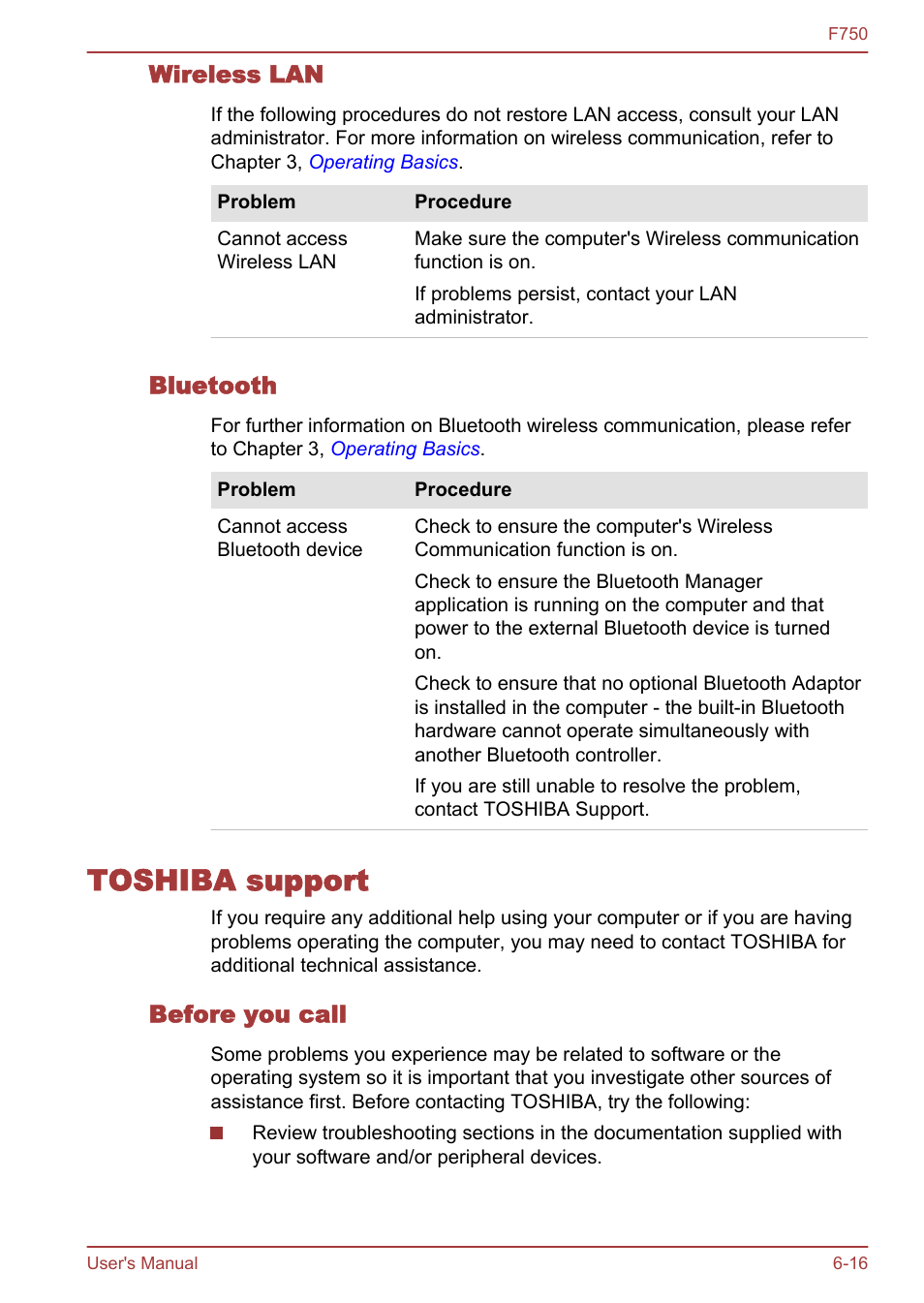 Wireless lan, Bluetooth, Toshiba support | Before you call, Toshiba support -16 | Toshiba Qosmio F750 User Manual | Page 145 / 171