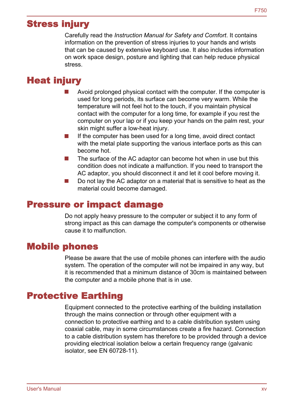 Stress injury, Heat injury, Pressure or impact damage | Mobile phones, Protective earthing | Toshiba Qosmio F750 User Manual | Page 15 / 171