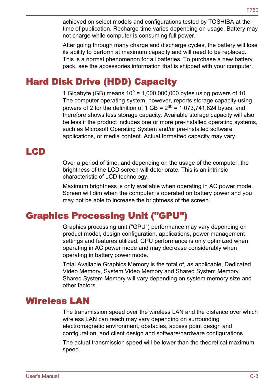 Hard disk drive (hdd) capacity, Graphics processing unit ("gpu"), Wireless lan | Toshiba Qosmio F750 User Manual | Page 153 / 171