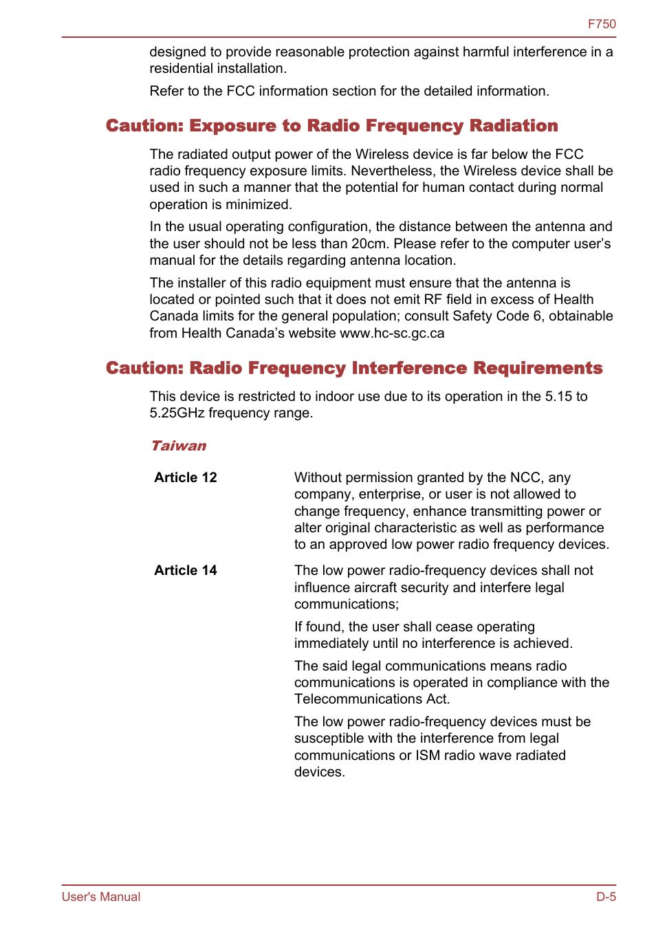 Caution: exposure to radio frequency radiation, Caution: radio frequency interference requirements | Toshiba Qosmio F750 User Manual | Page 159 / 171