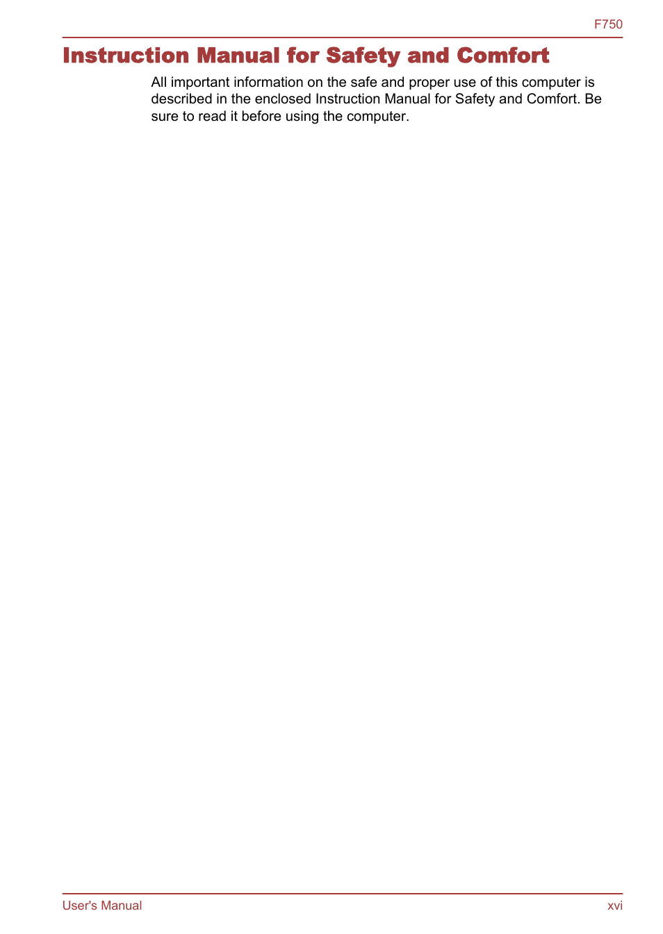 Instruction manual for safety and comfort | Toshiba Qosmio F750 User Manual | Page 16 / 171