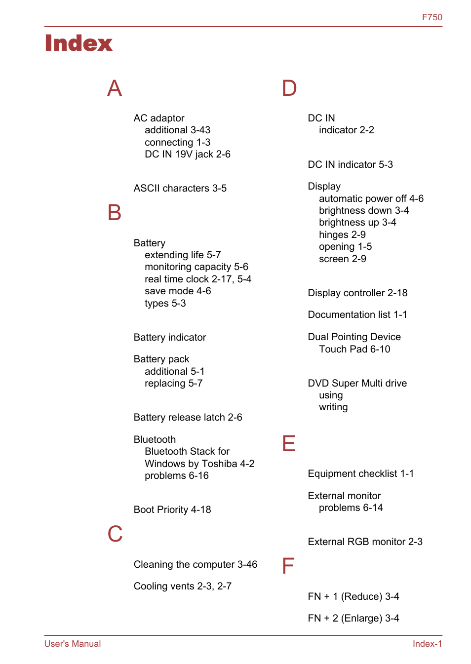 Index, Index a | Toshiba Qosmio F750 User Manual | Page 168 / 171