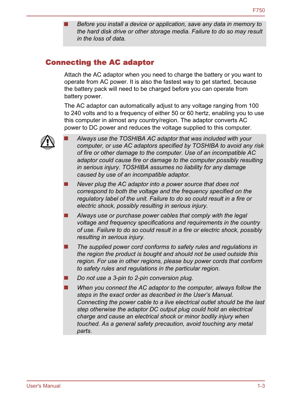 Connecting the ac adaptor | Toshiba Qosmio F750 User Manual | Page 19 / 171