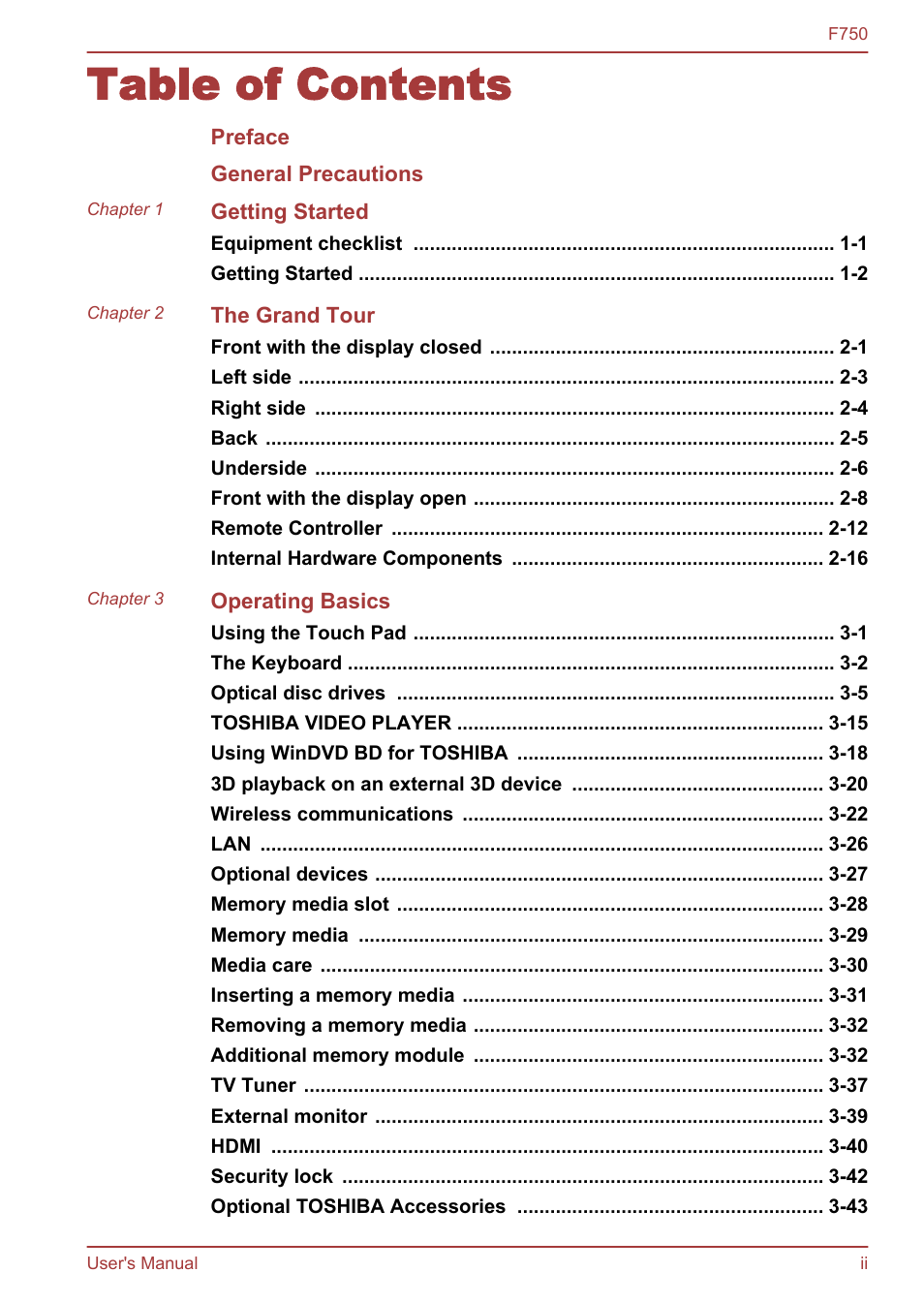 Toshiba Qosmio F750 User Manual | Page 2 / 171
