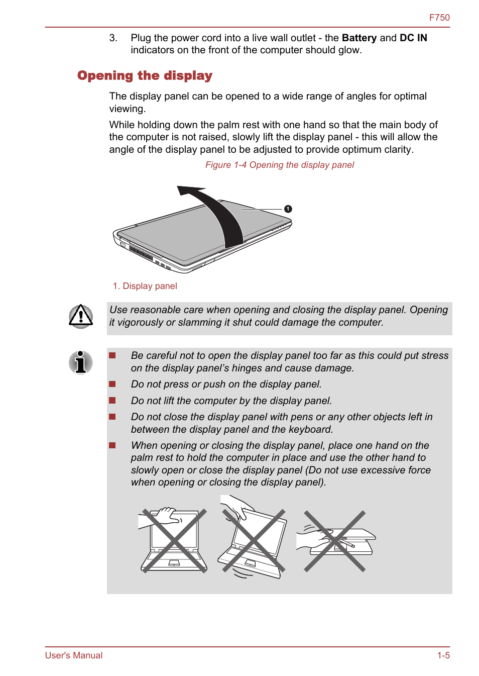 Opening the display | Toshiba Qosmio F750 User Manual | Page 21 / 171