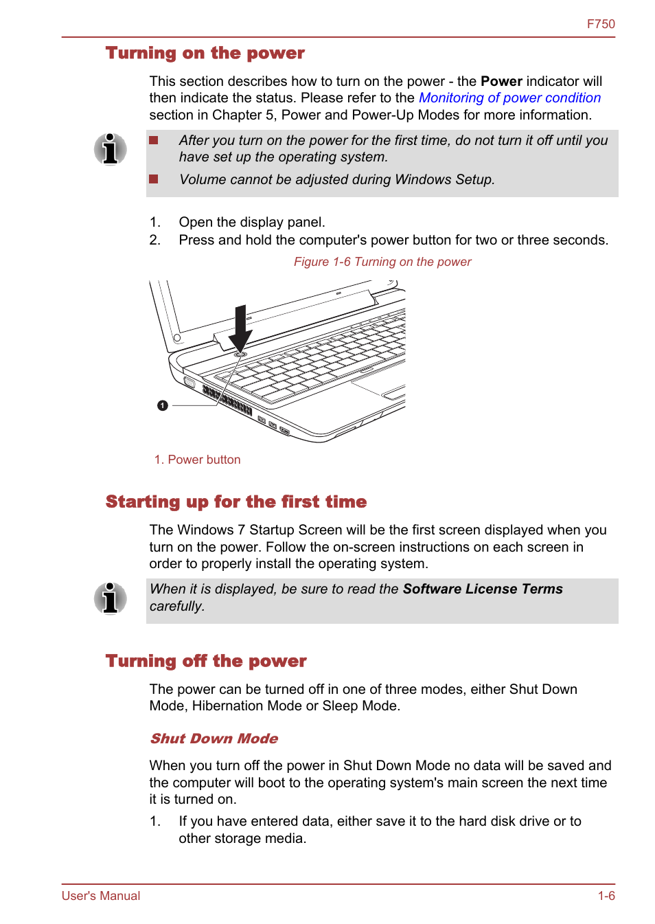 Turning on the power, Starting up for the first time, Turning off the power | Toshiba Qosmio F750 User Manual | Page 22 / 171