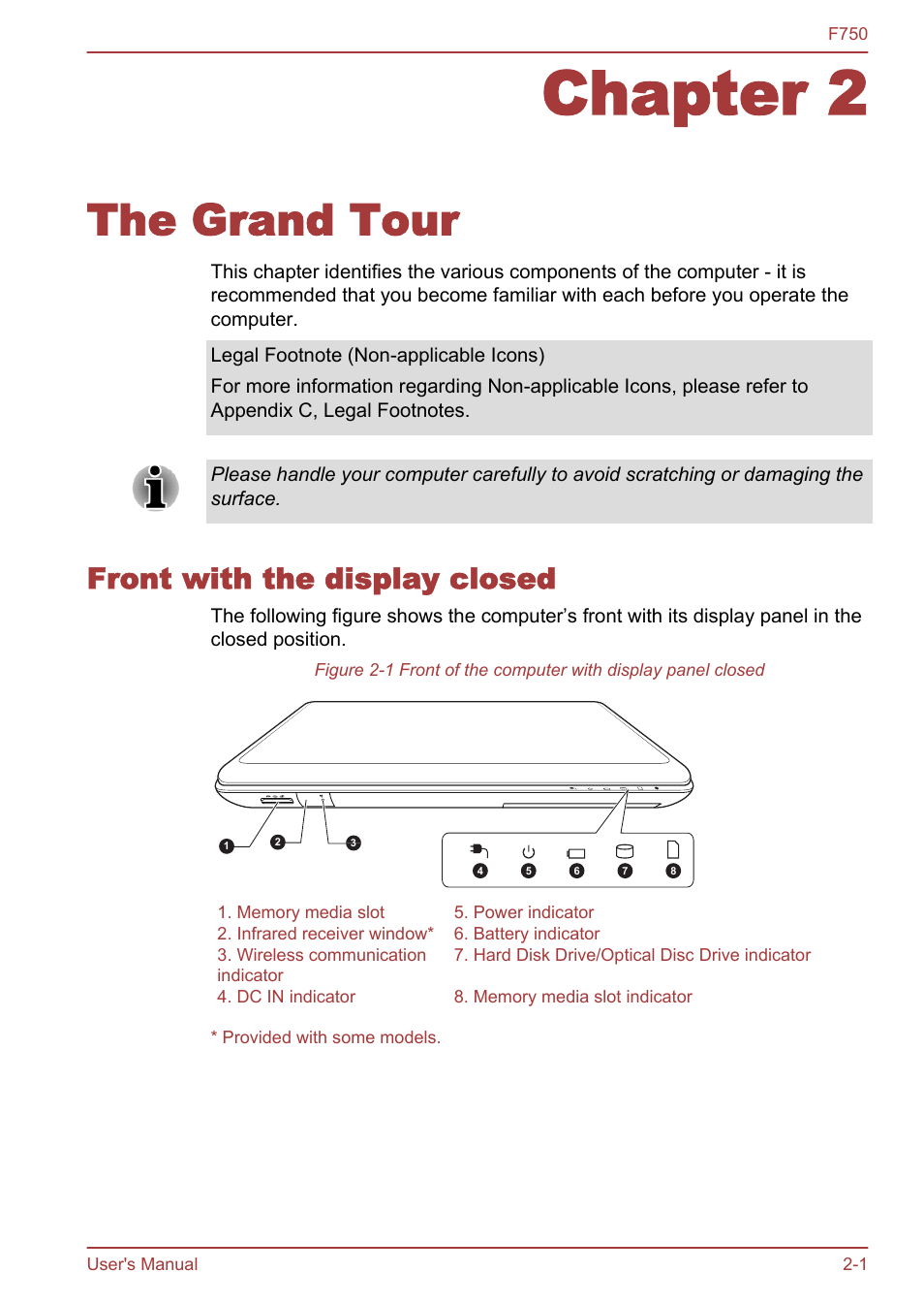 Chapter 2 the grand tour, Front with the display closed, Chapter 2 | The grand tour, Front with the display closed -1 | Toshiba Qosmio F750 User Manual | Page 27 / 171