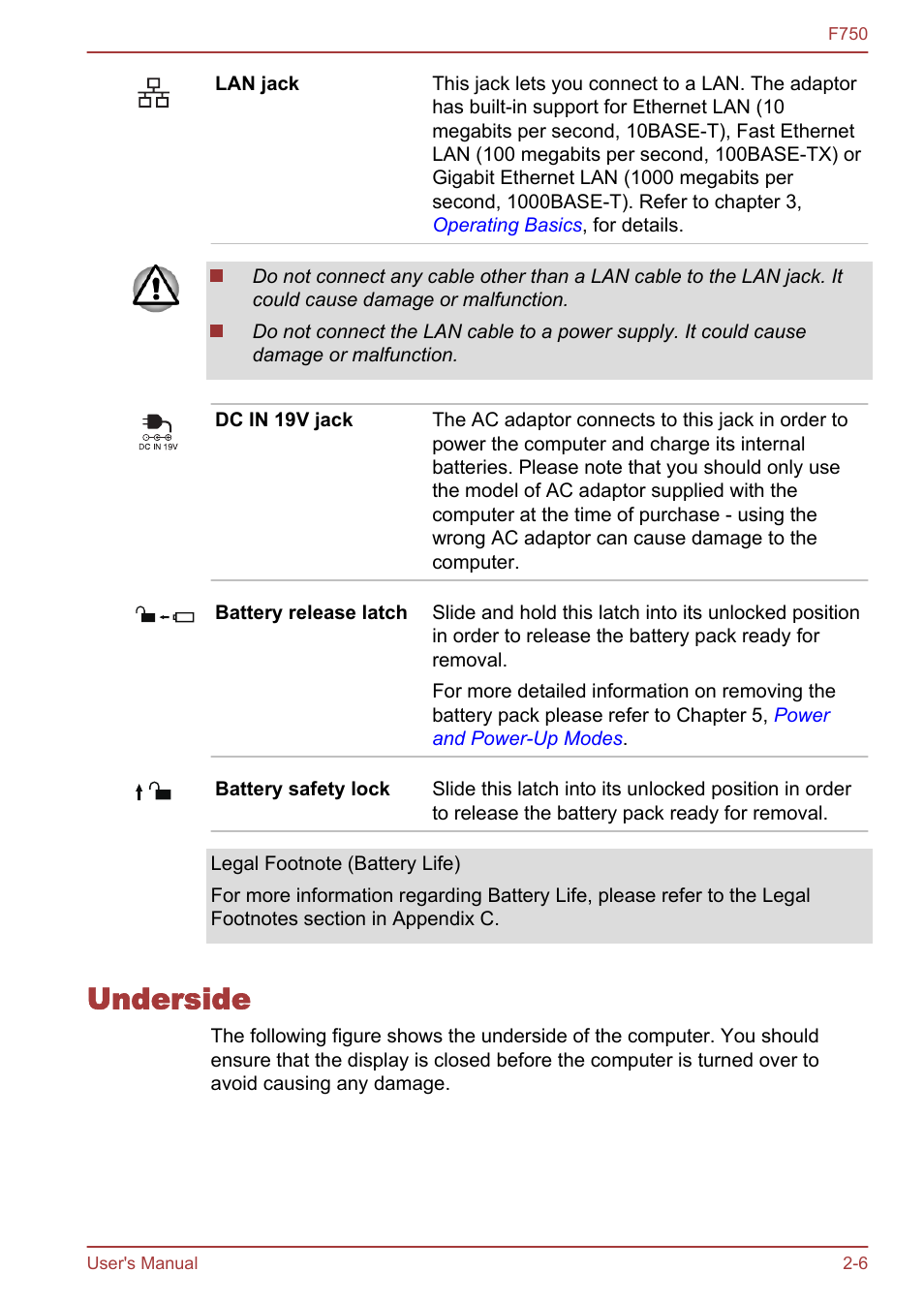 Underside, Underside -6 | Toshiba Qosmio F750 User Manual | Page 32 / 171