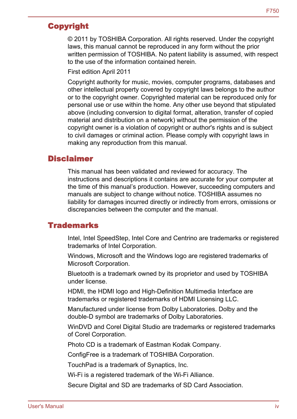 Toshiba Qosmio F750 User Manual | Page 4 / 171