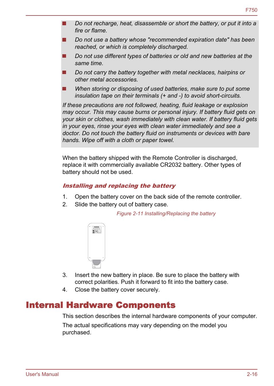 Internal hardware components, Internal hardware components -16, Installing and replacing the battery | Toshiba Qosmio F750 User Manual | Page 42 / 171